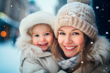 Portrait of a mother and child on a snowy street. Winter atmosphere of a happy family.