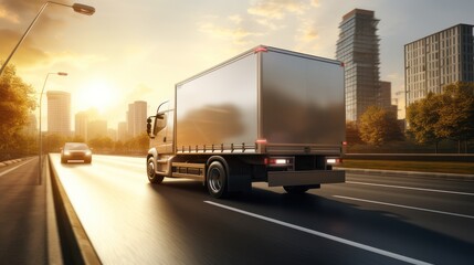 Box truck shipping delivery service city road scene - obrazy, fototapety, plakaty