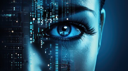 Eye close up cybrog technology AI, data intelligence cyber security system illustration