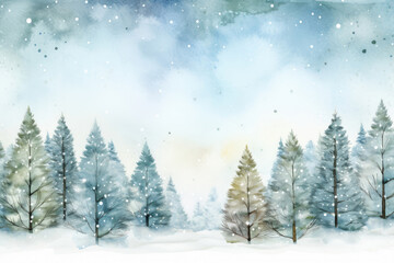 Fototapeta na wymiar Watercolor Greeting card of Christmas trees in the forest