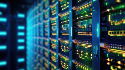 Fototapeta na wymiar Close up photo of networking cable management in a bustling data center, server data room