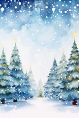 Obraz na płótnie Canvas Watercolor Greeting card of Christmas trees in the forest