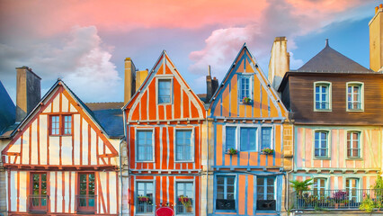 Vannes, beautiful city in Brittany, old half-timbered houses, colorful facades in the historic...