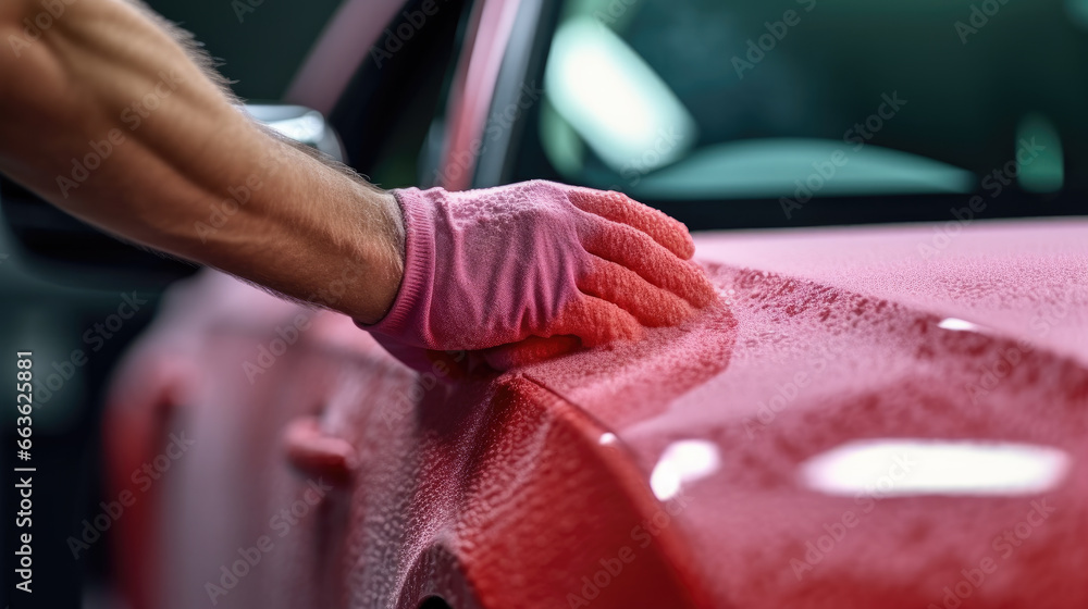 Wall mural close-up shot of a worker's hands gripping a car wash sponge as they meticulously clean a vehicle