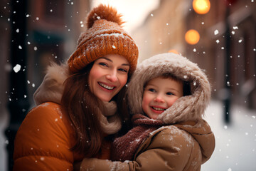 Portrait of a mother and child on a snowy street. Winter atmosphere of a happy family.