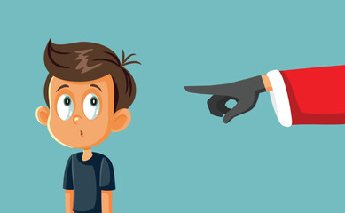 Vector Santa Claus Pointing his Finger to a Naughty Little Boy. Little child misbehaving before Christmas not receiving presents 
