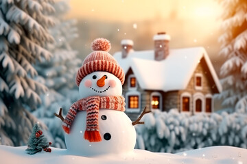 Obraz premium A beautiful snowman near a house decorated for Christmas. Warm image colors