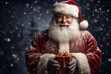 Portrait of the real, good old Santa Claus holding gift box in snowflakes surround