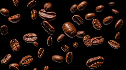 黒背景に飛散するコーヒー豆の背景