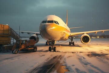 Fototapeta na wymiar Prepping aircraft for flight on snowy winter day at airport. Generative AI
