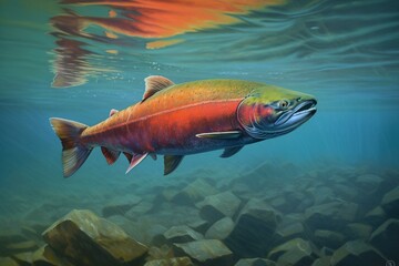 a captivating shot of a colorful salmon gracefully gliding in the vast ocean. Generative AI