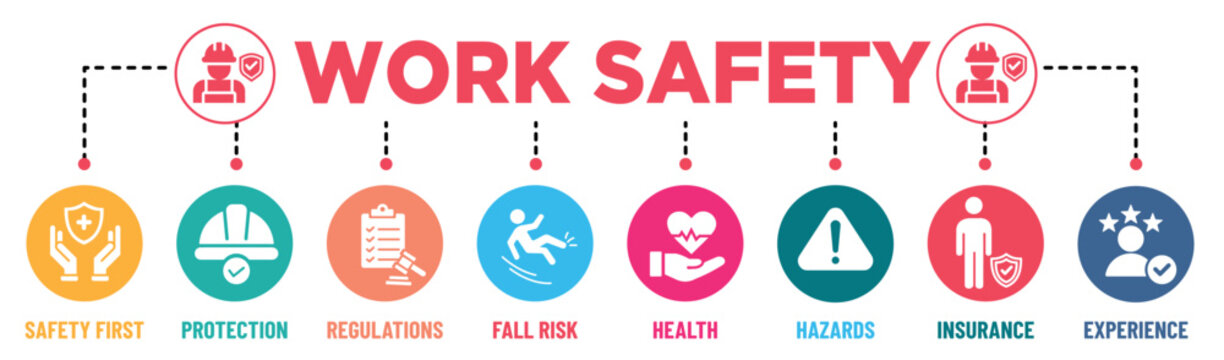 Work Safety banner infographic rounded background colours with icons set. Safety first, protection, regulations, fall risk, health, hazards, insurance and experience. Vector illustration