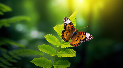 Obraz premium A beautiful close-up of a butterfly sitting on a green leaf