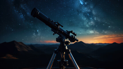 Telescope silhouette against the starry sky - obrazy, fototapety, plakaty