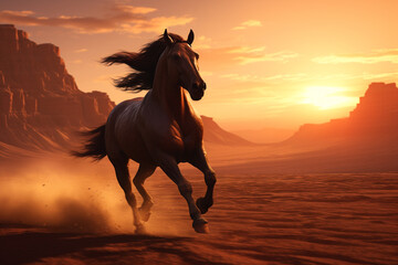 Obraz na płótnie Canvas Nature, landscape and animals concept. Majestic wild horse galloping through desert. Generative AI