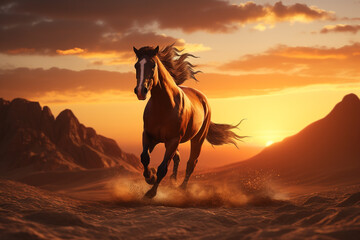 Nature, landscape and animals concept. Majestic wild horse galloping through desert. Generative AI