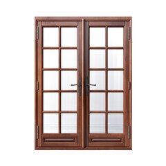 A wooden French windoor with multiple glass panels, allowing ample light and offering elegance, isolated on a transparent background.