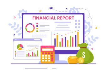 Financial Report Vector Illustration with Data Charts, Graphs and Diagrams on Finance Transaction, Analysis and Statistic Online in Flat Background