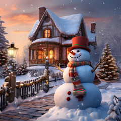 Obraz premium A beautiful snowman near a house decorated for Christmas. Warm image colors