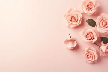 Fotobehang International women day, mothers day concept. Top view of roses flowers blossoms on plain bright background with copy space. Generative AI © Rytis