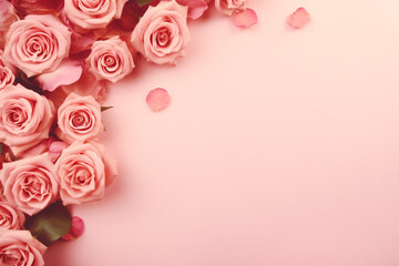 International women day, mothers day concept. Top view of roses flowers blossoms on plain bright background with copy space. Generative AI - obrazy, fototapety, plakaty