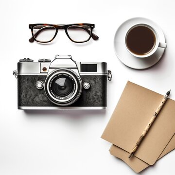 Top view camera, notepad, pen, eyeglasses, cup of coffee white background. AI generated