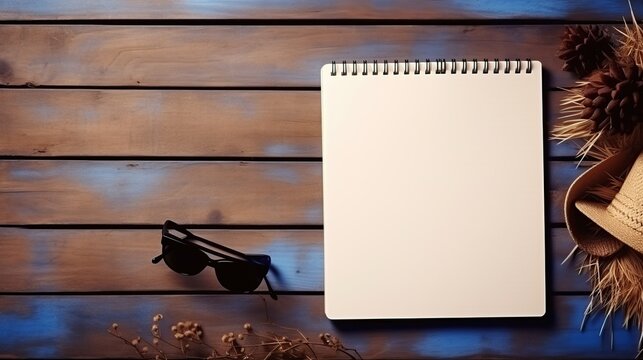 Notepad with violet flowers on wooden desk. AI generated image
