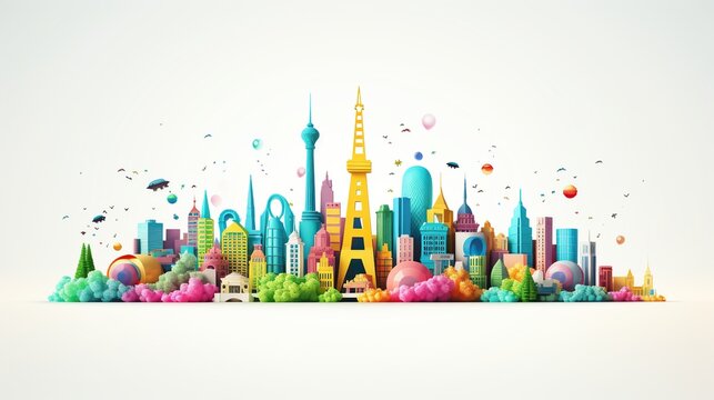 Travel with famous world landmarks cartoon style. AI generated image