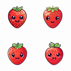 set of happy cute strawberry watercolor illustrations for printing on baby clothes, pattern, sticker, postcards, print, fabric, and books
