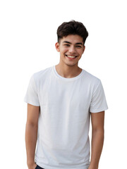 Young man wearing a white shirt smiling and looking at the camera, Happiness concept, isolated, transparent background, no background. PNG.