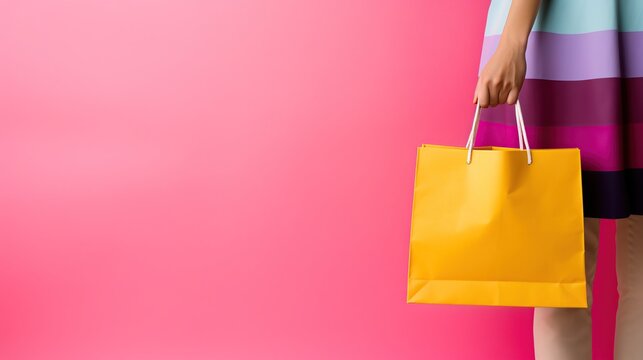 Hand holding yellow shopping bag on pink background. AI generated image