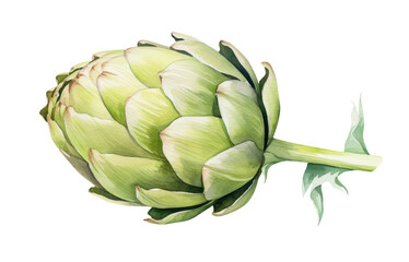 Watercolor illustration of an artichoke isolated on transparent background