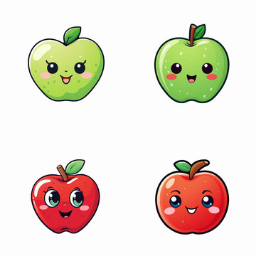 set of happy cute apple watercolor illustrations for printing on baby clothes, pattern, sticker, postcards, print, fabric, and books