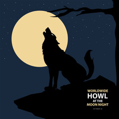 Worldwide Howl At The Moon Night on october 26, With wolves howl on the cliffs at the moon night vector illustration and text isolated on night background for commemorate and celebrate that.