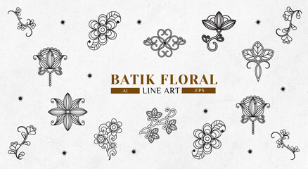Batik Floral Line Art Set - obrazy, fototapety, plakaty