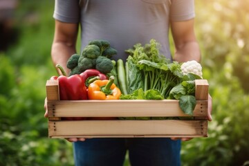 Farmer man holding wooden box full of fresh raw vegetables.