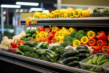 Fruits and vegetables on shop stand in supermarket grocery store.