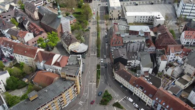 Traffic at Street intersection in old city of Kaiserslautern, Germany. Aerial