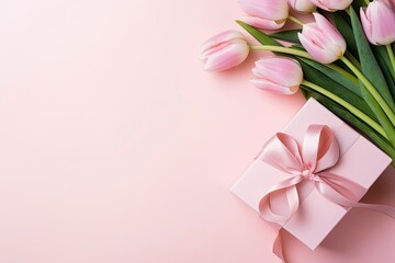 Fototapeta na wymiar Mother's Day concept. Pink gift box with ribbon bow and a bouquet of tulips.