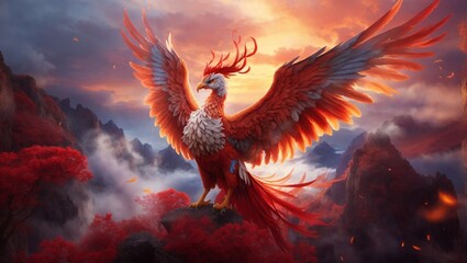 high quality, 8K Ultra HD, Soar to the skies with the Wings of Fantasy, where mystical phoenixes take flight among the clouds, from fiery phoenixes, They weave a dance of flight and grace, leaving tra - obrazy, fototapety, plakaty