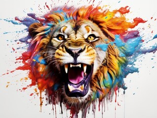 Colorful lion head splash art with white background generative ai - obrazy, fototapety, plakaty