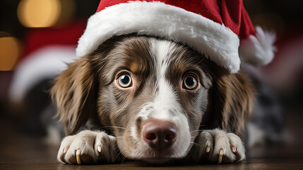 Dog with sad eyes wearing Santa hat - Christmas - worm’s eye view - extreme close-up - dramatic - begging - festive - holiday - vacation  - obrazy, fototapety, plakaty
