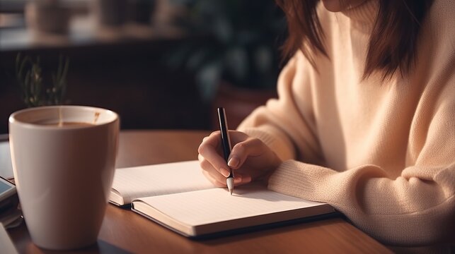 Young woman reading or writing book with coffee cup and light candle. AI generated image