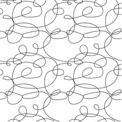 
Fun black and white one line doodle seamless pattern. Creative abstract squiggle style drawing background for children or trendy design with basic shapes. Simple childish scribble wallpaper print.