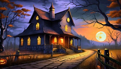 Fototapeta na wymiar Autumn Evening With Old, Isolated House