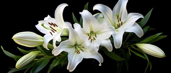 White lily flowers on black background.