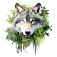 Wolf animal in greenery for kids emotional watercolors.