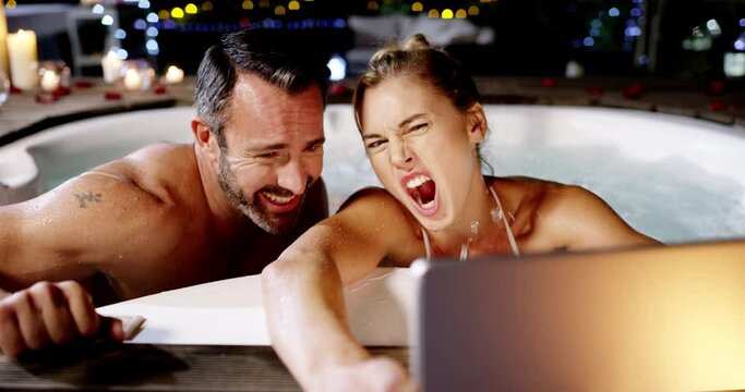 Laptop selfie, hot tub and happy couple pose, relax and enjoy fun Valetines Day date, honeymoon and post memory photo. Tongue out, love and bonding man, woman or marriage people for profile picture