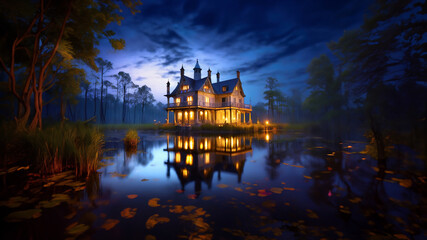 Autumn Leaves In Pond With Glowing Mansion