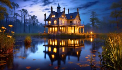 Fototapeta na wymiar Swamp Mansion Reflection In Water - AI Art